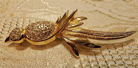 Vintage Christian Dior Gold Tone Crystal Bird Brooch Pin Signed